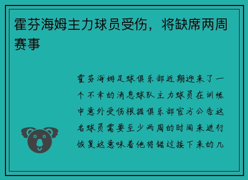 霍芬海姆主力球员受伤，将缺席两周赛事